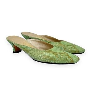 Ferragamo Green Snakeskin Kitten Heel Square Toe Leather Mules sz 8